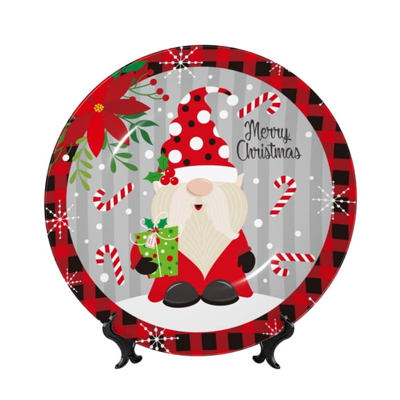 Honeii Gnome And Buffalo Plaid Print Elegant Bone China Decorative Plate, Porcelain Plate,Art Crafts,Ceramic Ornaments for Home Office Wall Decor-10in
