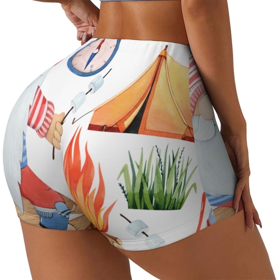 Honeii Gnome Camping Print Women's Workout Shorts, Gym Shorts for Active Wear, Sports Shorts,Women's Running Shorts,Quick Dry Athletic Shorts-Large