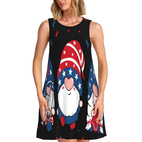Honeii Gnome Independence Day Print Women's Sleeveless Dress, Loose Fit Casual Dress for Women, Summer Fashion Dress