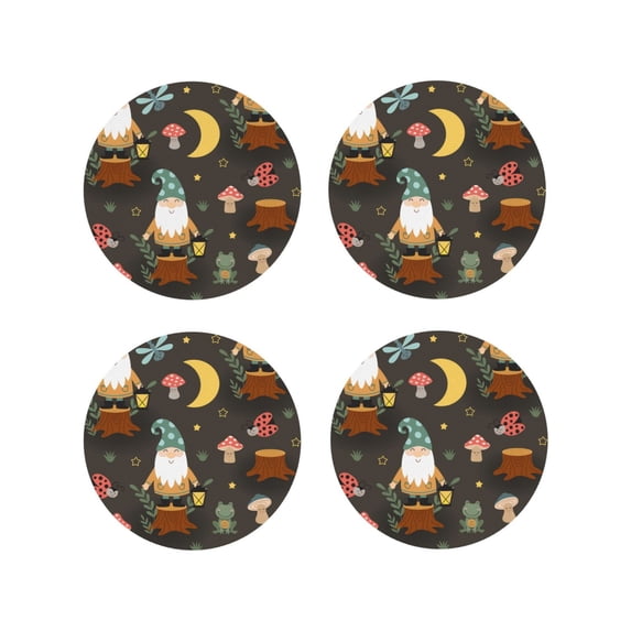 Honeii Gnome Insect Frog print Leather Coaster Set of 4, ideal for safeguarding your furniture from drinks spills and effortless cleanup-Round Shape
