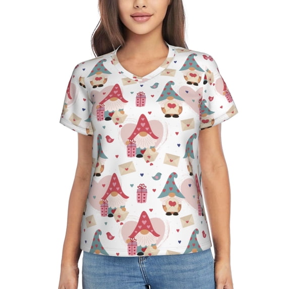 Honeii Gnome With Love Letter Print Women's Classic V-Neck T-Shirt,Womens Fashion Tops,Stylish Everyday Top for Women, Casual Summer Spring Outfits Clothes-X-Large