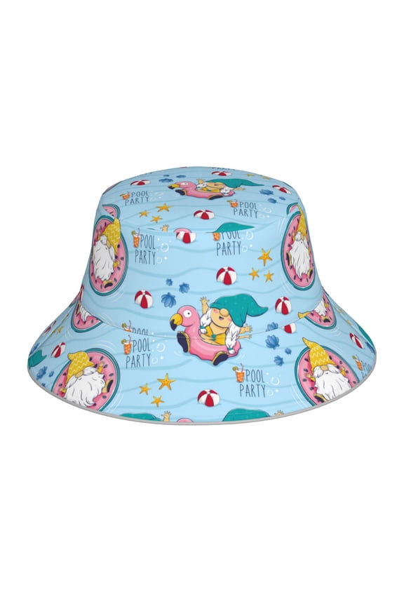 Gnome Pool Party for Unisex Bucket Hat Waterproof Rain Hat Reversible Shiny Rave Bucket Hat for Concert Festival Boonie Cap