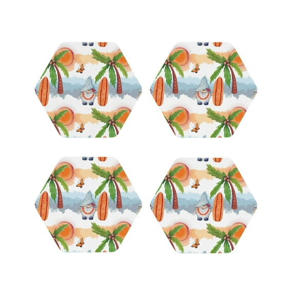 Honeii Gnome and Surfing print Leather Coaster Set of 4, ideal for safeguarding your furniture from drinks spills and effortless cleanup-Hexagon