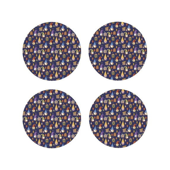 Honeii Gnomes And Houses print Leather Coaster Set of 4, ideal for safeguarding your furniture from drinks spills and effortless cleanup-Round Shape