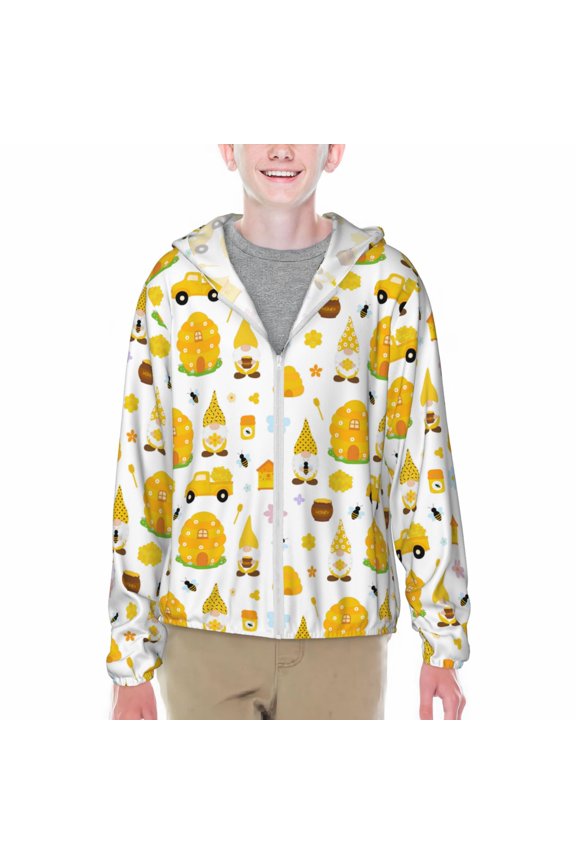 Gnomes Bees Print Sun Protection Jacket Hooded Cooling Shirt with Pockets Hiking Outdoor Performance-X-Large