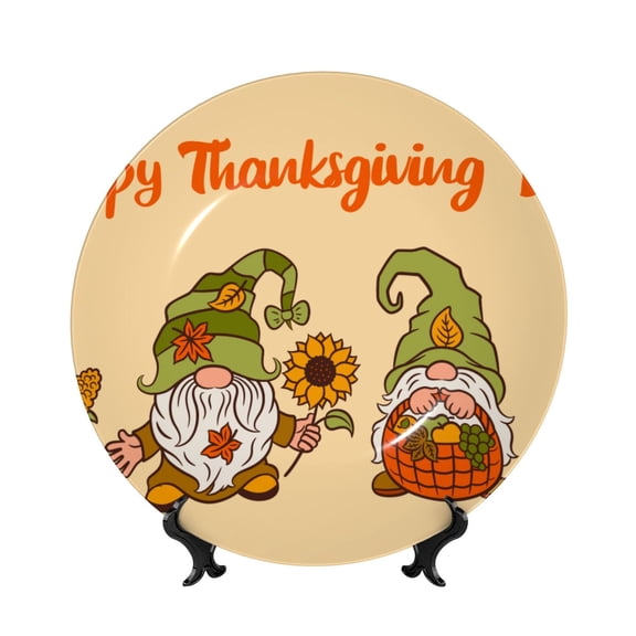 Honeii Gnomes Happy Thanksgiving Print Elegant Bone China Decorative Plate, Porcelain Plate,Art Crafts,Ceramic Ornaments for Home Office Wall Decor-7in