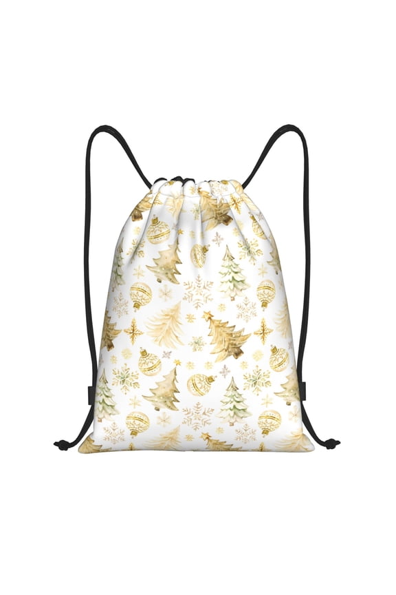 Gold Christmas Tree Print Drawstring Backpack,Drawstring Bags String Backpack Gym Cinch Sack Backpack Sport Bag Draw-Small