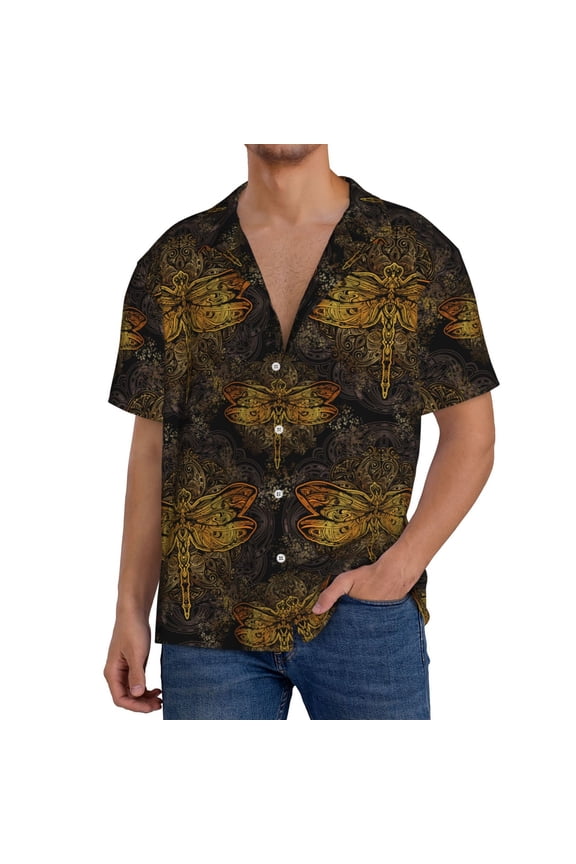 Gold Dragonfly Mandala for Men's Short-Sleeved Button-Up Collared Shirt Featuring A Pocket, Perfect for Beach Vacations, And Travel Adventures.-Small