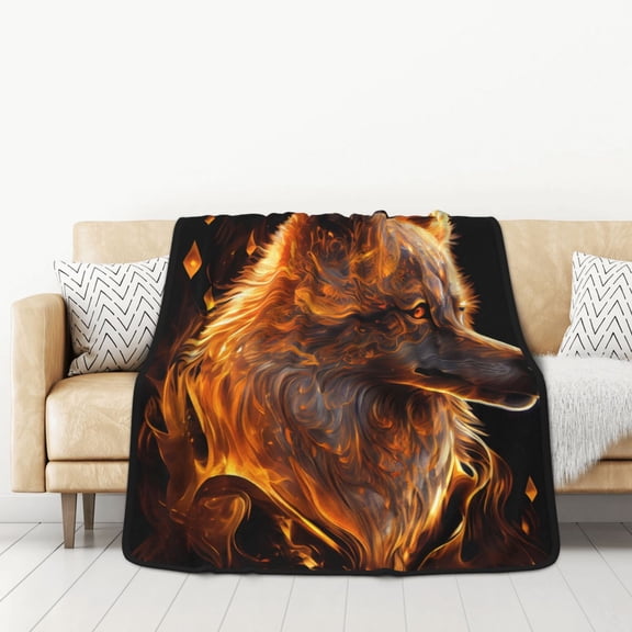 Honeii Gold Flame Pattern Wolf for Throw Blanket for Couch - Thick Blanket, Soft Fuzzy Plush Throw Blanket for All Seasons, Double Sided Blanket,50x60 In