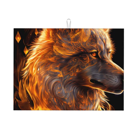 Honeii Gold Flame Pattern Wolf print Super Absorbent Coffee Bar Mat Hide Stain Coffee Maker Mat for Countertops Coffee Pot Dish Drying Mat for Kitchen Counter