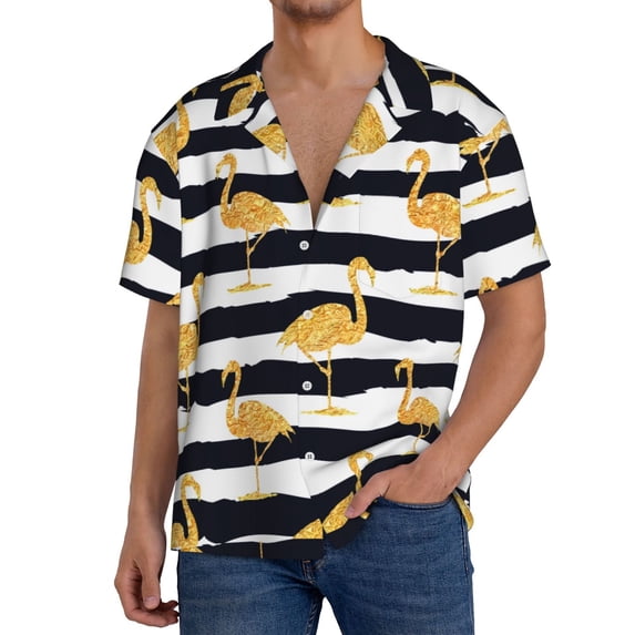 Honeii Gold Flamingo for Men's Short-Sleeved Button-Up Collared Shirt Featuring A Pocket, Perfect for Beach Vacations, And Travel Adventures.-3X-Large