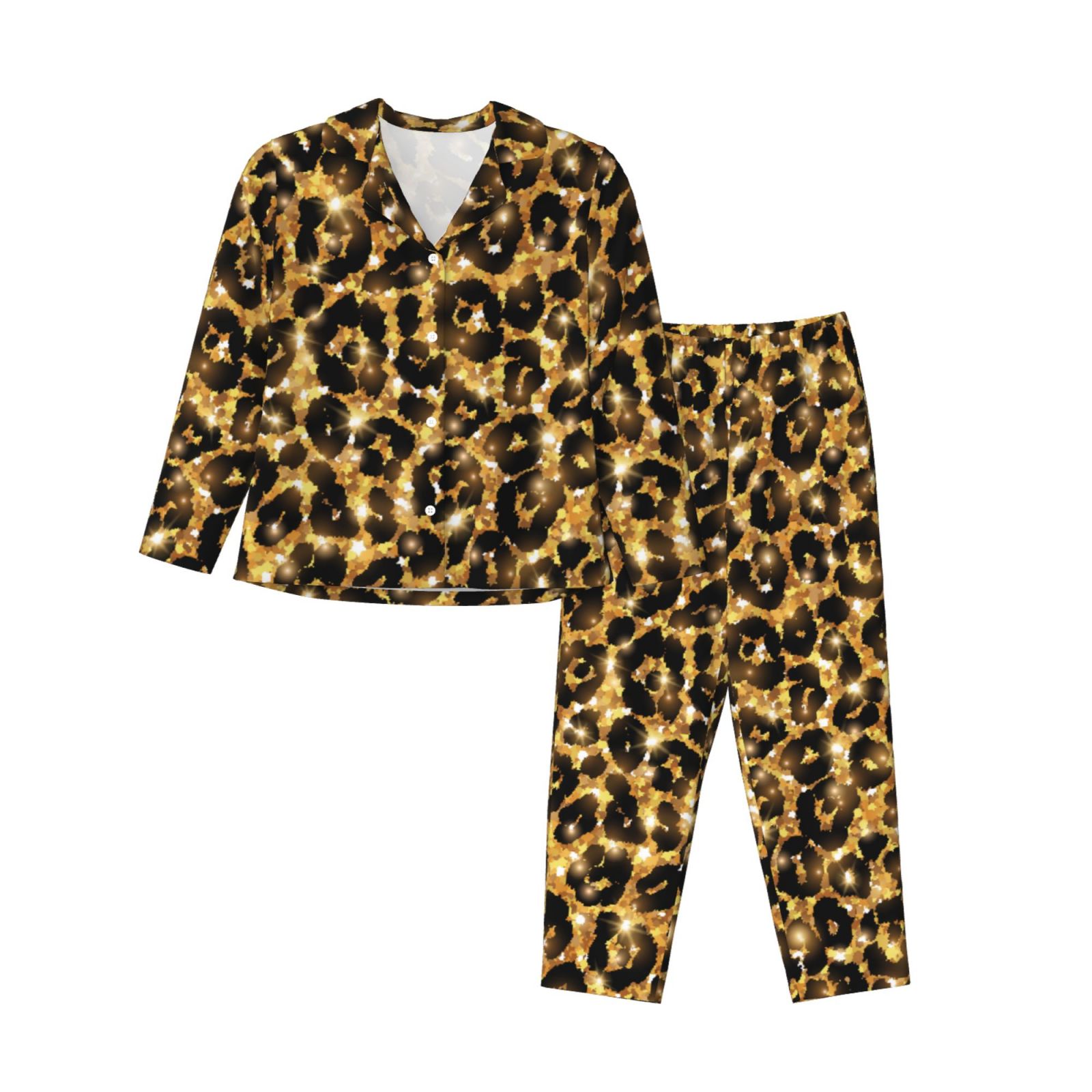 Honeii Gold Glitter Leopard Print Women's Pajama Sets Long Sleeve 