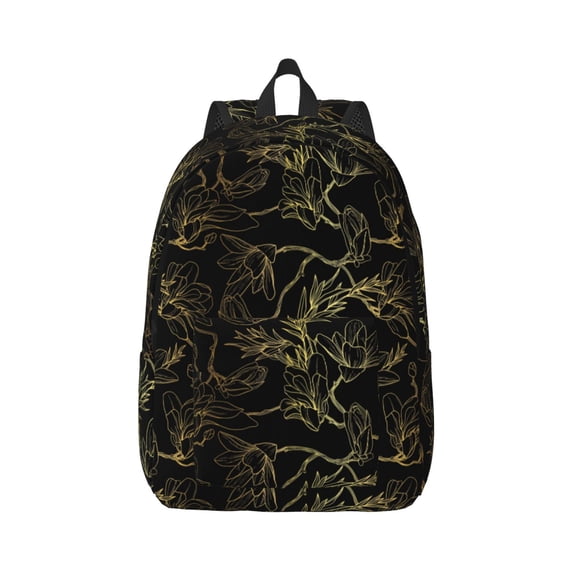 Honeii Gold Gloss Outline Floral Print Canvas College Laptop Backpack, Durable Rucksack Travel Notebook Bag School Backpack Book Bag for Men Women-Small