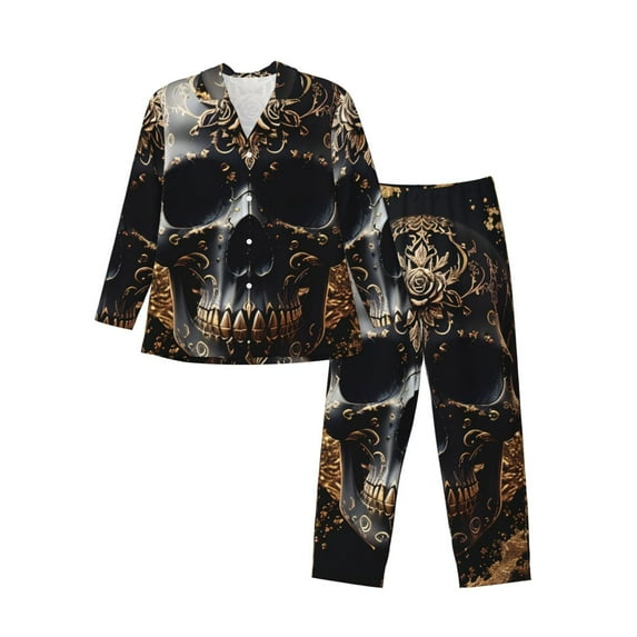 Honeii Gold Pattern Black Skull Pattern Mens Pajamas Set,2pcs Men's Lounge Long Sleeve Sleep Shirt and Pajama Bottoms Sleepwear Set,Mens Pjs Sets-XX-Large