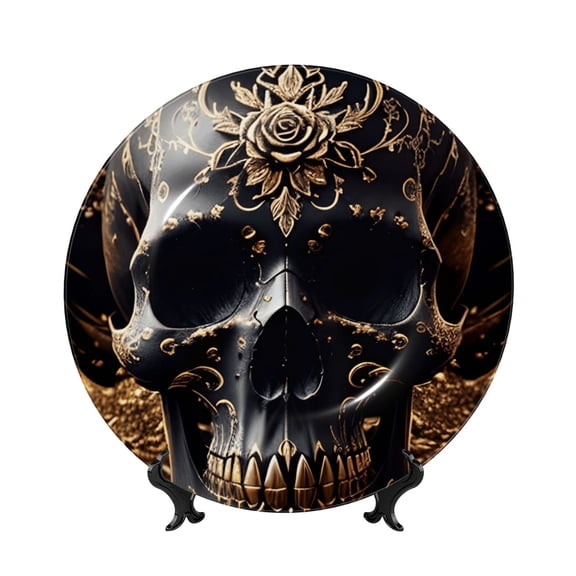 Honeii Gold Pattern Black Skull Print Elegant Bone China Decorative Plate, Porcelain Plate,Art Crafts,Ceramic Ornaments for Home Office Wall Decor-6in
