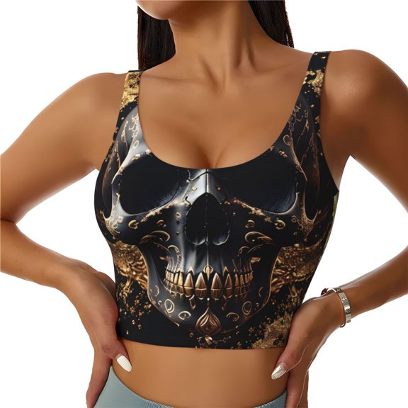 Honeii Gold Pattern Black Skull patten Workout Crop Tank Top for Women Yoga Tank Tops Athletic Sports Shirts Exercise Undershirts,Sports Bra,Sports vest-Medium