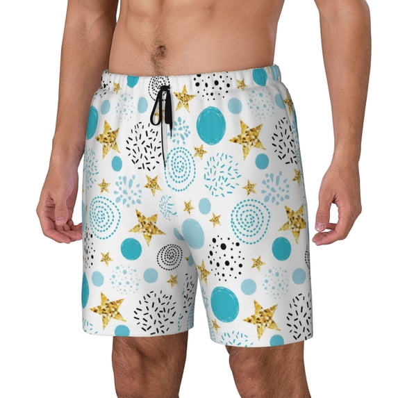 Honeii Gold Stars Blue Dots Pattern Print Men's Swim Shorts,Mens Swim Trunks,Breathable Mesh Beach Shorts for Swimming,Surfing, and Beach Activities-Small