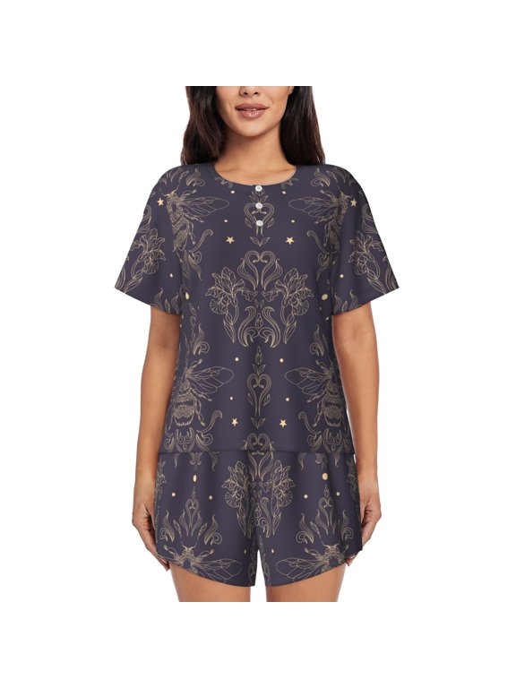 Golden Bumblebee for Women's Summer Pajama Set ,Soft Short Sleeve Shirt & Matching Bottoms,Loungewear,2PCS Sleepwear Relaxed Home Wear-Small
