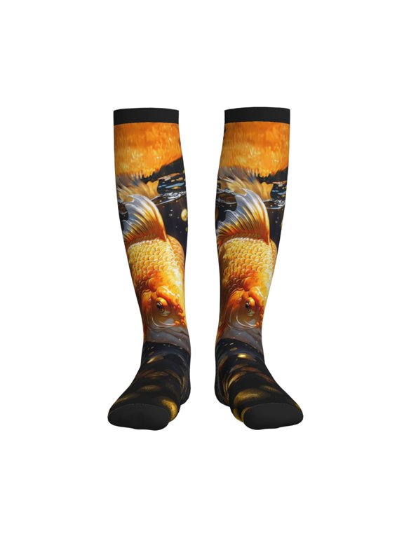 Golden Koi And Treasure Print Sports Compression Socks,Running Crew Socks,Moisture-Wicking Anti-Blister Hiking&Gym Athletic