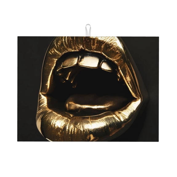 Honeii Golden Lips Modern Sculpture Print Kitchen Drying Mat Coffee Bar Mat Hide Stain Coffee Maker Mat for Countertops Coffee Pot Dish Drying Mat