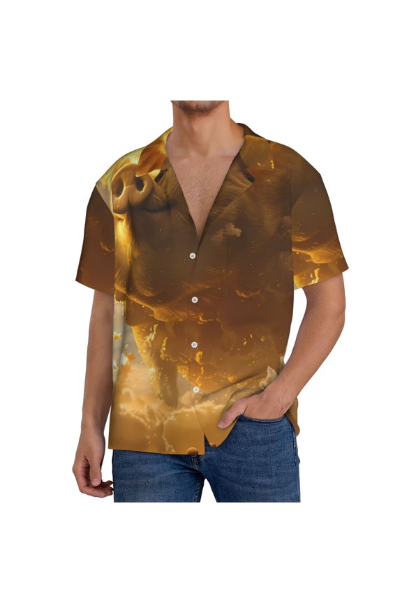 Golden Pig Cloud Fantasy for Men's Short-Sleeved Button-Up Collared Shirt Featuring A Pocket, Perfect for Beach Vacations, And Travel Adventures.-Small