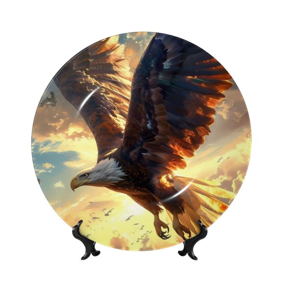 Honeii Golden Sky Bald Eagle Print Elegant Bone China Decorative Plate, Porcelain Plate,Art Crafts,Ceramic Ornaments for Home Office Wall Decor-6in