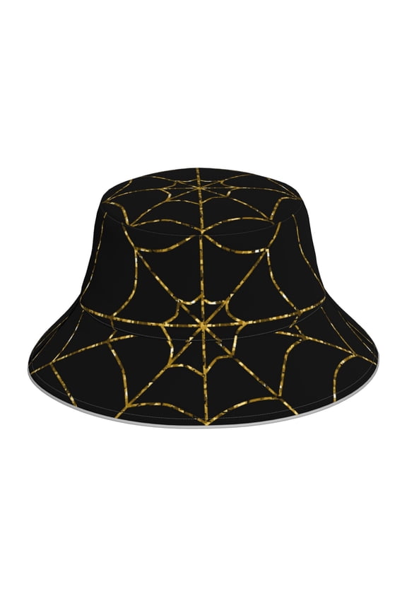 Golden Spider Web for Unisex Bucket Hat Waterproof Rain Hat Reversible Shiny Rave Bucket Hat for Concert Festival Boonie Cap
