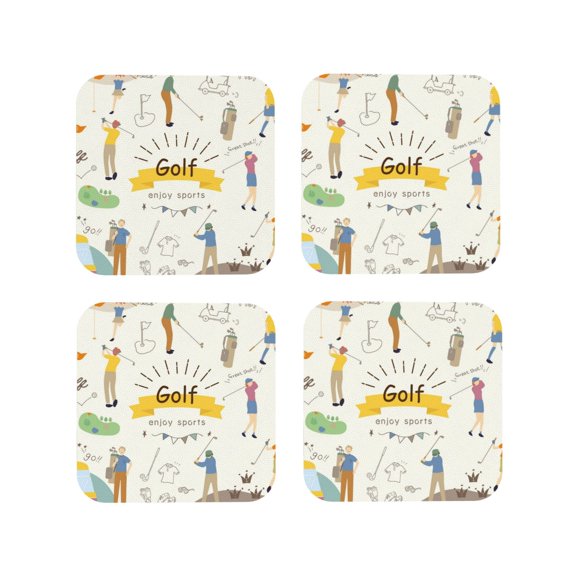 Honeii Golf Icons And Golfer Print Leather Coaster Set of 4, Ideal for Safeguarding Your Furniture from Drinks Spills and Effortless Cleanup-Square