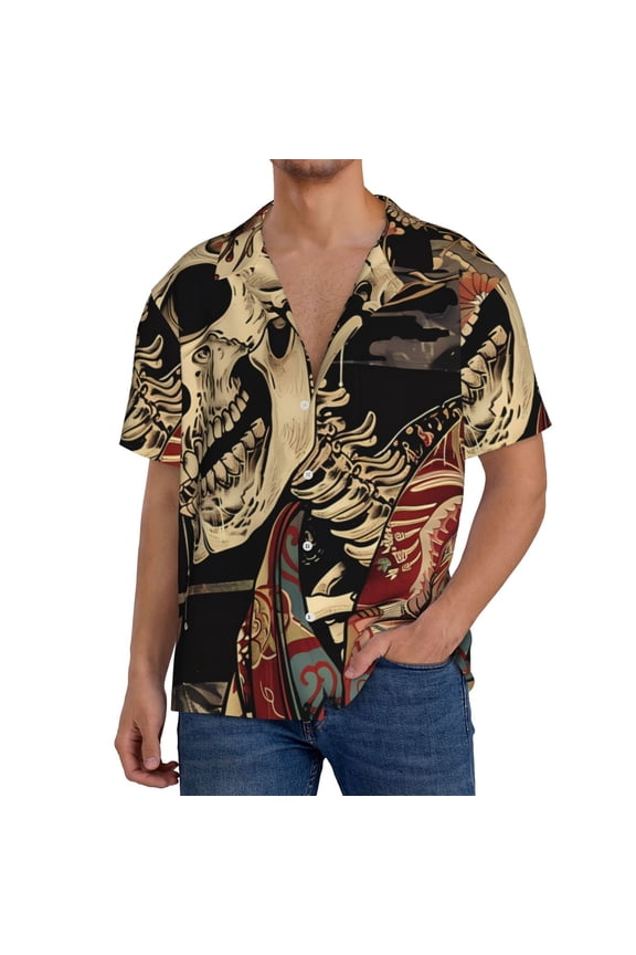 Gothic Eastern Floral Skull for Men's Short-Sleeved Button-Up Collared Shirt Featuring A Pocket, Perfect for Beach Vacations, And Travel Adventures.-3X-Large
