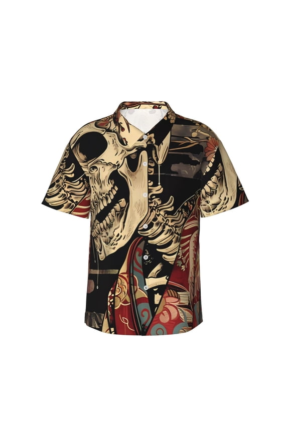Gothic Eastern Floral Skull Print Men’s Hawaiian Shirt,Classic Button-Down Short Sleeve Shirt, for Beach, Vacation, and Outdoor Activities,Small