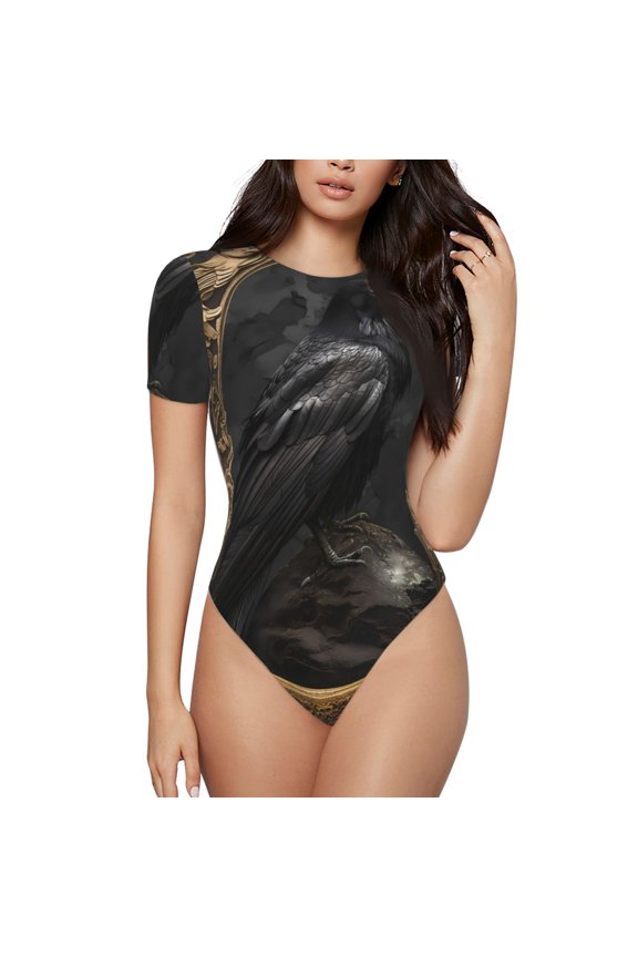 Gothic Raven Portrait Print Women's Crew Neck Short Sleeve Bodysuit Fashion T-shirt Tops-XX-Large