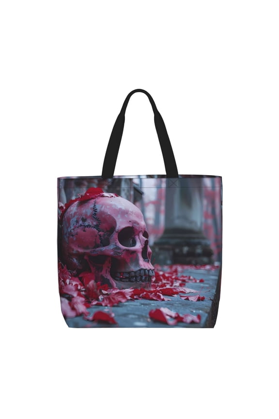 Gothic Red Skull Cemetery Print Tote Bag, Reusable Grocery Shopping Bag,Shoulder Bag with Inner Pocket