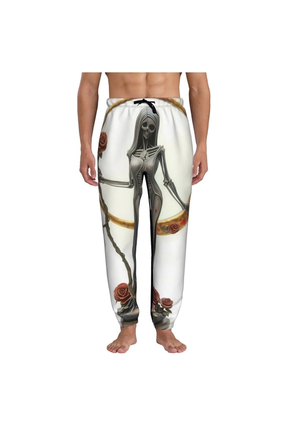 Gothic Skeleton With Roses Print Mens Jogger Sweatpants, Men's Lounge Pants with Pockets-3X-Large