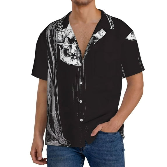 Honeii Gothic Skull Drape for Men's Short-Sleeved Button-Up Collared Shirt Featuring A Pocket, Perfect for Beach Vacations, And Travel Adventures.-Small
