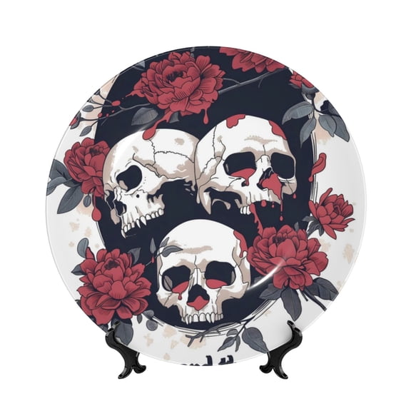 Honeii Gothic Skulls And Roses Print Elegant Bone China Decorative Plate, Porcelain Plate,Art Crafts,Ceramic Ornaments for Home Office Wall Decor-10in