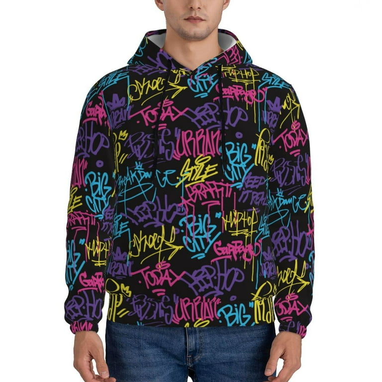 Honeii Graffiti Art Pattern Mens Hoodies Men s Loose Sleeve Sweatshirt Pullover Hooded Sweatshirt for Men Essentials Hoodie X Large