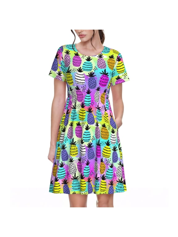 Graffiti Pineapples Print Women’s Short Sleeve Dress, Comfortable Casual Dress, Soft Polyester Spandex Blend, Stylish Everyday Wear for Summer, Perfect for Travel and Vacation