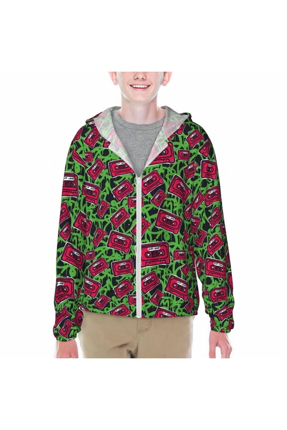 Graffiti Tape Print Sun Protection Jacket Hooded Cooling Shirt with Pockets Hiking Outdoor Performance-Small