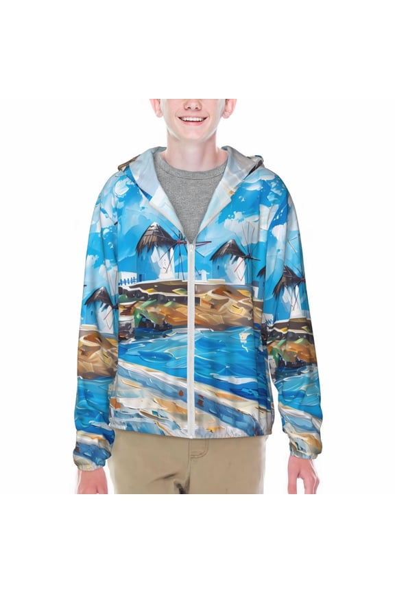 Greek Island Windmills Painting Print Sun Protection Jacket Hooded Cooling Shirt with Pockets Hiking Outdoor Performance-X-Large