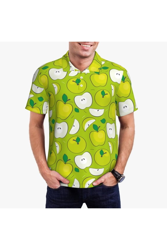 Green Apple Print Polo Shirt, A Classic Short-Sleeved, Button-Down Golf Shirt for Men,Mens Polo Shirts Short Sleeve-Large