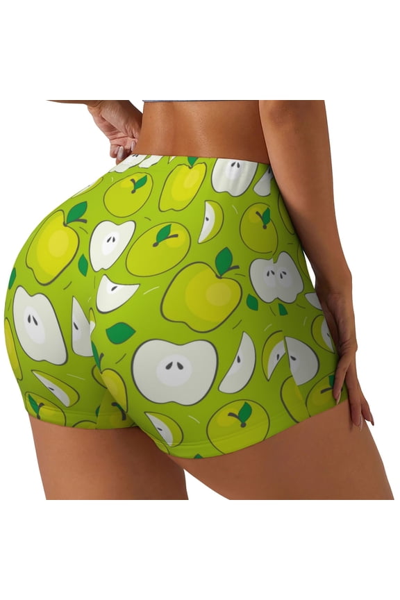 Green Apple Print Women's Workout Shorts, Gym Shorts for Active Wear, Sports Shorts,Women's Running Shorts,Quick Dry Athletic Shorts-X-Large