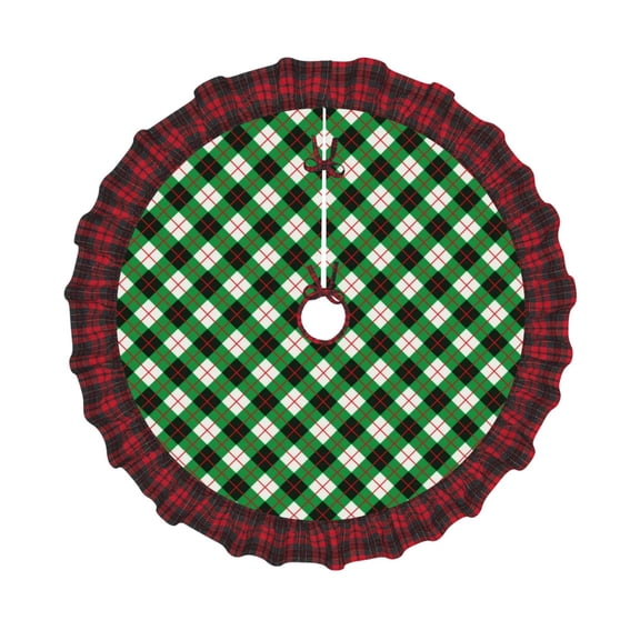 Honeii Green Argyle Plaid Pattern Christmas Tree Skirt, Christmas Ribbon Holly Winter Holiday Tree Mat Decoration-30"