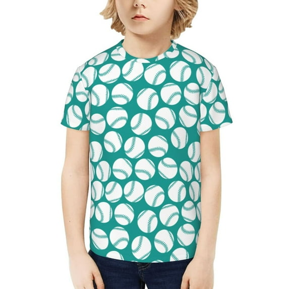 Honeii Green Baseball Print Kids Boy T-Shirt,Breathable Round Neck Tee,Stylish Summer Tee for Boys, for Outdoor Activities and Casual Wear