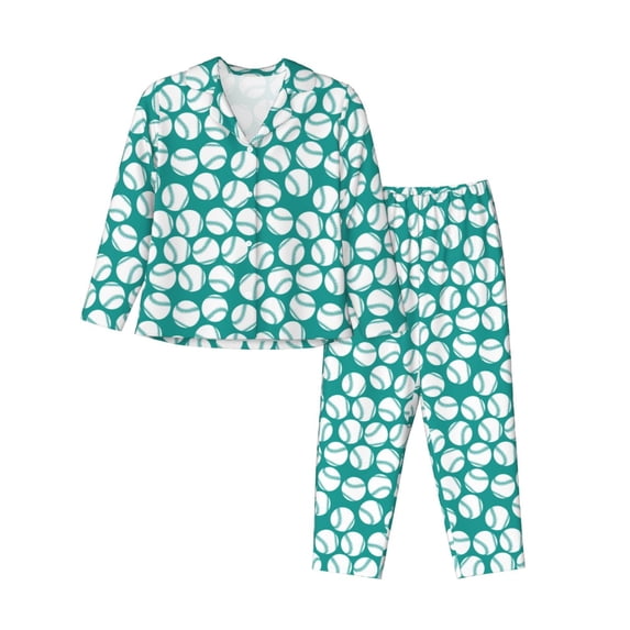 Honeii Green Baseball print Women's Pajama Sets Long Sleeve Button Down Sleepwear Nightwear Soft Pjs Lounge Sets-Large
