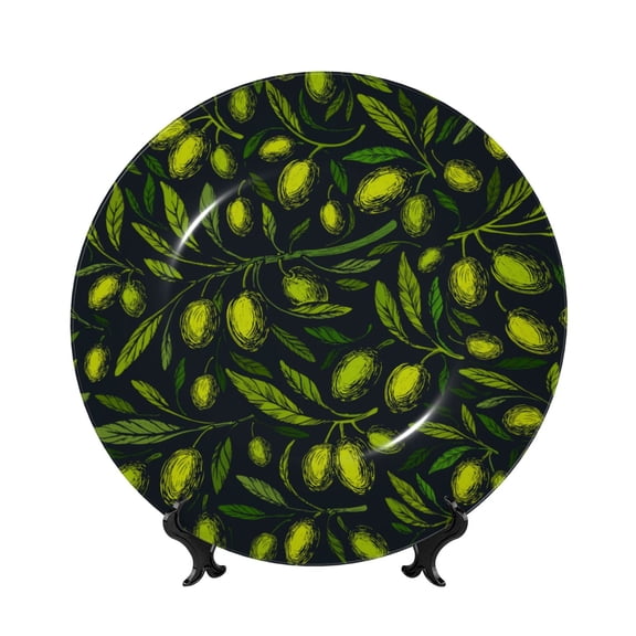 Honeii Green Branch Olive Print Elegant Bone China Decorative Plate, Porcelain Plate,Art Crafts,Ceramic Ornaments for Home Office Wall Decor-10in