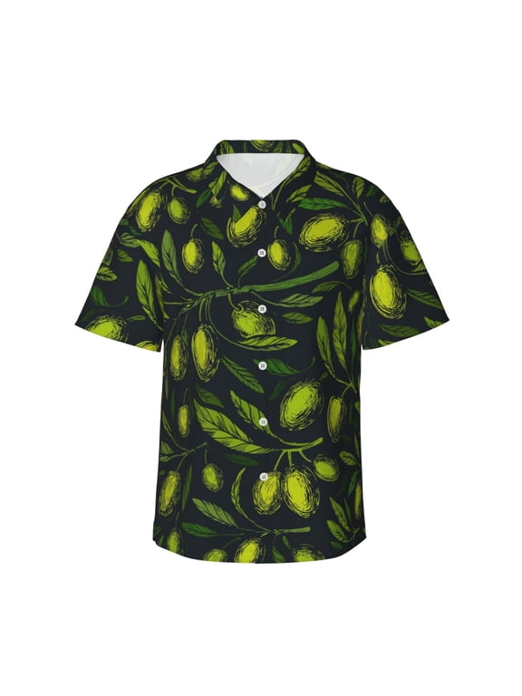 Green Branch Olive Print Men’s Hawaiian Shirt,Classic Button-Down Short Sleeve Shirt, for Beach, Vacation, and Outdoor Activities,X-Large