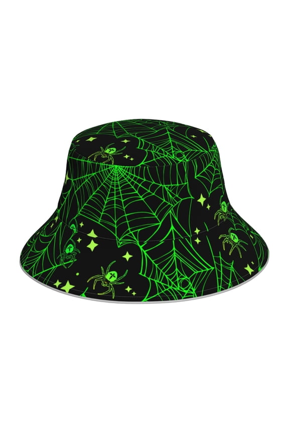 Green Bright Web with Spiders for Unisex Bucket Hat Waterproof Rain Hat Reversible Shiny Rave Bucket Hat for Concert Festival Boonie Cap