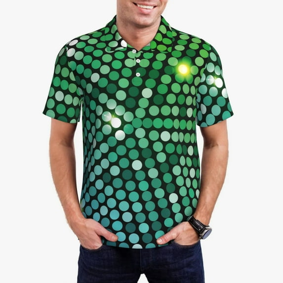 Honeii Green Disco Lights print Polo Shirt, a classic short-sleeved, button-down golf shirt designed for men