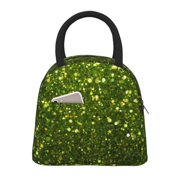 Honeii Green Glitter Sparkle Print Insulated Lunch Bag Women Reusable Lunch Box with Pocket for Work Picnic Travel -One Size
