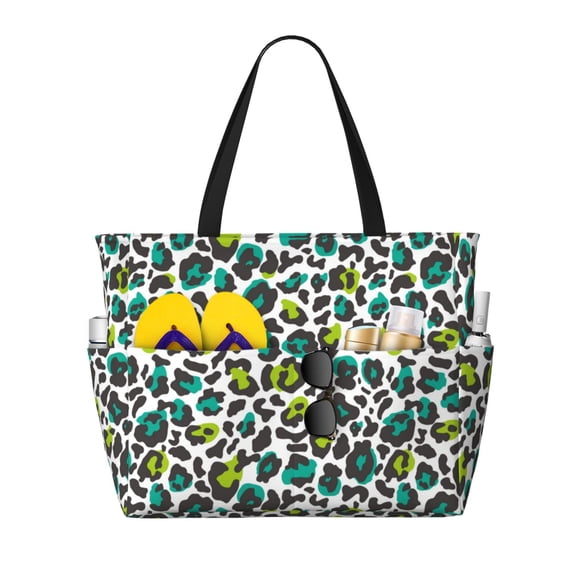 Honeii Green Leopard for Tote Bag with Adjustable Strap,Beach Bag, Waterproof Sandproof Beach Tote Bag, Large Capacity Foldable Beach Bags